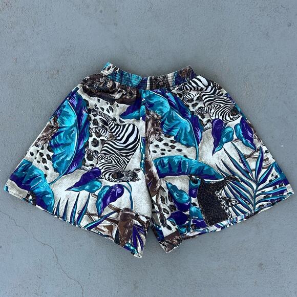 Vintage Connections Safari Zebra Gazelle Cheetah Leaf High Waist Elastic Shorts - Picture 1 of 5